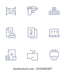 Gaming icons set. Thin Line style, editable stroke. gambling, gaming guide, keyboard, map, playing cards, shooting, vr glasses, wasd, win.