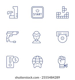 Gaming icons set. Thin Line style, editable stroke. coin, construction, fighting game, gaming, gun, start button, virtual reality, worldwide.