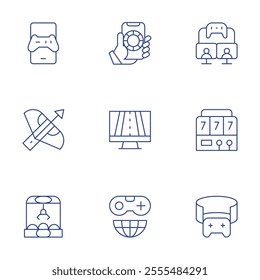 Gaming icons set. Thin Line style, editable stroke. claw machine, crossbow, game, game controller, gaming, online gambling, racing game, slot machine.