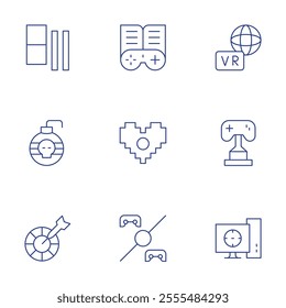Gaming icons set. Thin Line style, editable stroke. bomb, computer, darts, domino, gamepad, heart, round one, trophy, virtual.