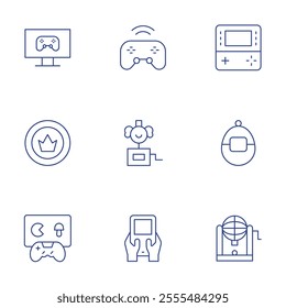 Gaming icons set. Thin Line style, editable stroke. bingo, casino chip, controller, game console, surprise box, tamagotchi, video game.