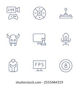 Gaming icons set. Thin Line style, editable stroke. billiard, chess game, controller, fps, gamer, joysticks, streaming, warlock, warrior.