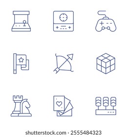 Gaming icons set. Thin Line style, editable stroke. arcade machine, bow and arrow, chess, flag, game console, gamepad, pedals, playing cards, rubik.