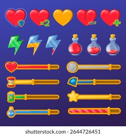 Gaming icons set. Vector heart, potion and energy symbols. Mobile game interface element. Loading and status bar. Lightning bolt as symbol of power, heart as a metaphor of health.