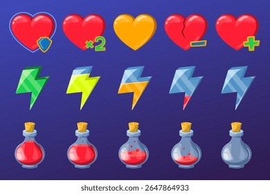 Conjunto de ícones de jogos. Símbolos de coração, poção e energia vetoriais. Elemento de interface de jogo móvel. Raio como símbolo de poder, coração como metáfora da saúde.