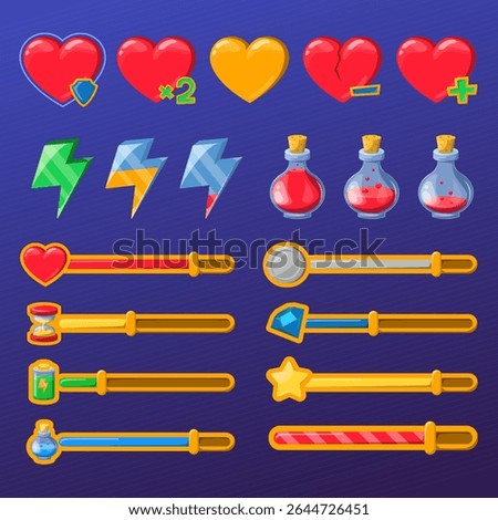 Gaming icons set. Vector heart, potion and energy symbols. Mobile game interface element. Loading and status bar. Lightning bolt as symbol of power, heart as a metaphor of health.