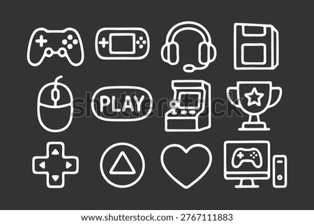 Gaming icons set, white outline on dark background