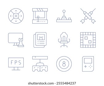 Gaming icons. Thin Line style, editable stroke. arcade, billiard, board game, cards, chess game, console, controller, darts, fps, game console, gamer, joysticks.