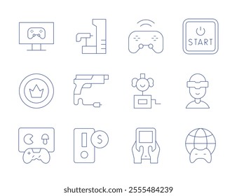 Gaming icons. Thin Line style, editable stroke. casino chip, coin, controller, game console, gun, start button, surprise box, video game, virtual reality, worldwide.