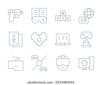 Gaming icons. Thin Line style, editable stroke. computer, gamepad, heart, keyboard, playing cards, round one, shooting, trophy, virtual, vr glasses, wasd, win.