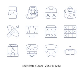 Gaming icons. Thin Line style, editable stroke. claw machine, crossbow, game, game controller, gaming, online gambling, racing game, slot machine.