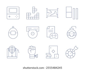 Gaming icons. Thin Line style, editable stroke. bingo, bomb, construction, darts, domino, fighting game, gambling, game console, gaming, gaming guide, map, tamagotchi.