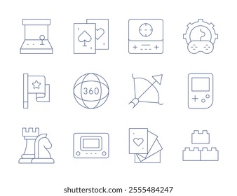 Gaming icons. Thin Line style, editable stroke. degrees, arcade machine, block, bow and arrow, card game, chess, console, custom, flag, game console, playing cards, game boy.