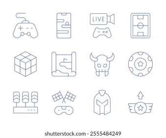 Gaming icons. Thin Line style, editable stroke. gamepad, level up, online game, pedals, poker chip, racing, rubik, stadium, streaming, warlock, warrior, game map.