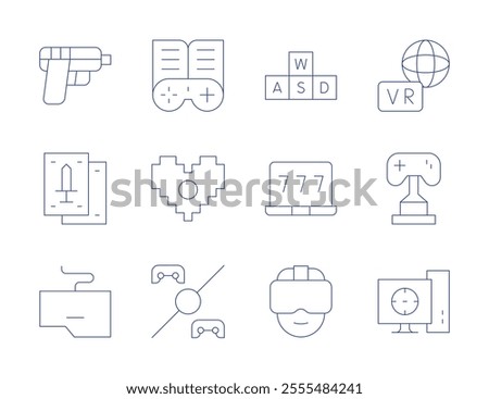 Gaming icons. Thin Line style, editable stroke. computer, gamepad, heart, keyboard, playing cards, round one, shooting, trophy, virtual, vr glasses, wasd, win.