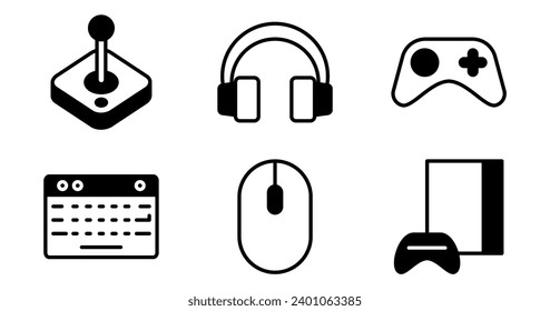 Gaming Icons.  Vector Graphics Featuring Designs of joystick, controller, headset, keyboard, mouse, console. Icon Set in Semi Solid Style