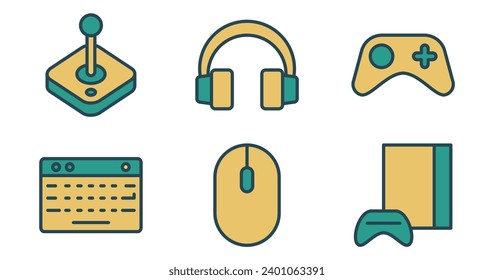 Gaming Icons.  Vector Graphics Featuring Designs of joystick, controller, headset, keyboard, mouse, console. Icon Set in Filled Outline Style
