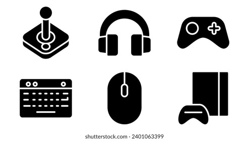 Gaming Icons.  Vector Graphics Featuring Designs of joystick, controller, headset, keyboard, mouse, console. Icon Set in Style