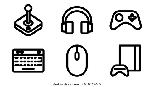 Gaming Icons.  Vector Graphics Featuring Designs of joystick, controller, headset, keyboard, mouse, console. Icon Set in Bold Style