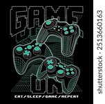 Gaming illustration, game on, wireframe gaming console vector print