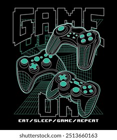 Gaming illustration, game on, wireframe gaming console vector print