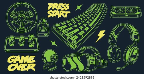 Gaming industry set stickers green with webcam and headphones or keyboard near video card and words press start vector illustration