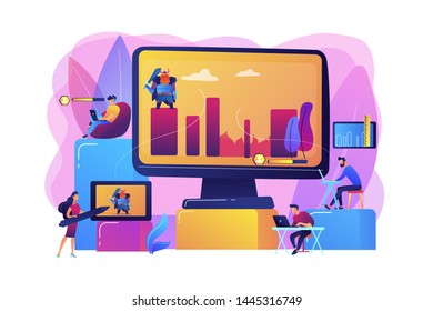 Gaming industry startup, company. Programmers work on videogame. Computer games development, video game programming, game design experience concept. Bright vibrant violet vector isolated illustration