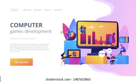 Gaming industry startup, company. Programmers work on videogame. Computer games development, video game programming, game design experience concept. Website homepage landing web page template.