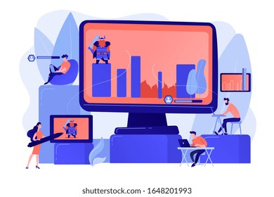 Gaming industry startup, company. Programmers work on videogame. Computer games development, video game programming, game design experience concept. Pinkish coral bluevector isolated illustration