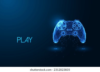 Gaming innovation, gamification, immersive experience futuristic concept with game controller, joystick in glowing polygonal style on dark blue background. Modern abstract design vector illustration