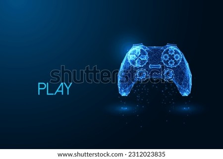 Gaming innovation, gamification, immersive experience futuristic concept with game controller, joystick in glowing polygonal style on dark blue background. Modern abstract design vector illustration