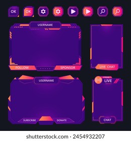 Gaming interface elements. Game streaming frames, buttons and bars, futuristic game stream dashboard icons flat vector illustration set. Mmo game menu elements