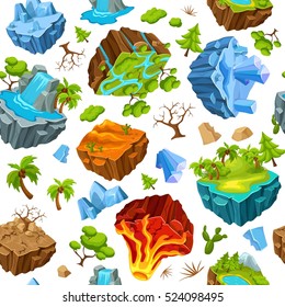 Gaming islands and nature elements seamless pattern with waterfall volcano and drought trees and crystals vector illustration 