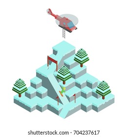Gaming isometric mountain winter landscape of blocks. Snowboarding track