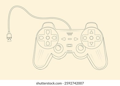 Gaming joystick game controller line art with USB cable illustration