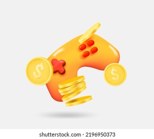 Gaming joystick with golden coins. Earning money with games concept. 3d vector isolated illustration