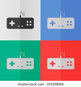 Gaming joystick vector icon. Effect of folded paper. Colored (red, blue, green) illustrations. Flat design