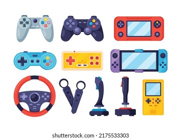 Gaming Joysticks And Gamepads For Entertainment And Video Games. Steering Wheel, Gaming Electronic Console, Gadgets Isolated Wireless Technology For Gaming And Cyberspace. Cartoon Vector Illustration