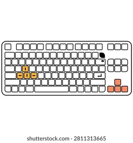 Gaming Keyboard Line Art Vector Illustration. Computer Keyboard Outline Icon with Yellow and Orange Highlighted Buttons.