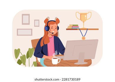 Gaming kids concept with people scene in the flat cartoon design. Girl play computer games with a headphone and microphone. Vector illustration.