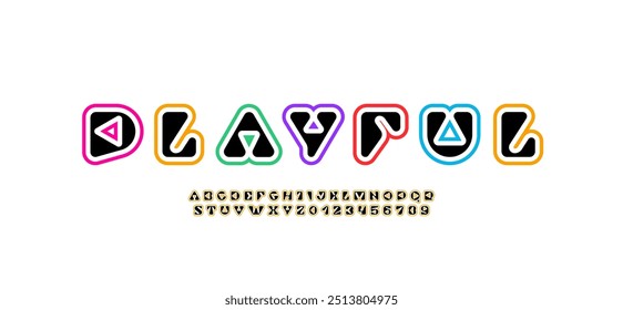 Gaming kids font alphabet made game console style, multi-colored letters and numbers vector illustration 10EPS
