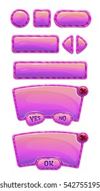 Gaming kit including different shapes buttons and information panels. Cute glossy pink GUI set. Vector cartoon assets for web or game design. Isolated elements on white.