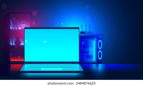 Gaming laptop mockup with blank screen in dark room. Vector open laptop front view. Gaming laptop on desk. Blue light screen of gaming laptop reflection on desk in computer notebook games workplace. 