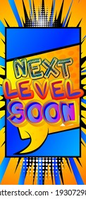Gaming level, Game progress related words, quote on Comic book style background. Poster, banner, template. Cartoon explosion expression. Vector illustrated.