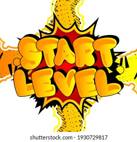 Gaming level, Game progress related words, quote on Comic book style background. Poster, banner, template. Cartoon explosion expression. Vector illustrated.