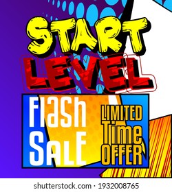 Gaming level, Game progress related special offer, sale words, quote on Comic book style background. Poster, banner, template. Cartoon explosion expression. Vector illustrated.