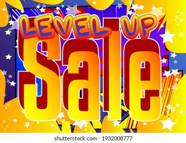 Nivel de juego, Oferta especial relacionada con el progreso del juego, palabras de venta, presupuesto sobre el fondo del estilo de libro de historietas. Cartel, pancarta, plantilla. Expresión de explosión de caricatura. Vector ilustrado.