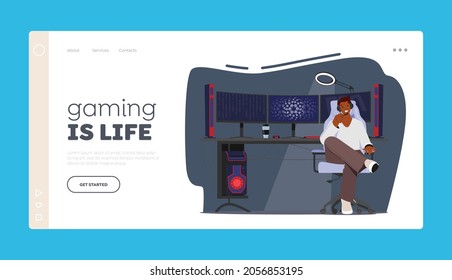 Gaming Is Life Landing Page Template. African Teenager Character Wear Headset Sitting At Multiple Professional Desktops And Equipment. Gamer Playing Computer Games. Cartoon People Vector Illustration