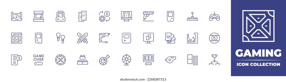 Colección de iconos de la línea de juegos. Trazo editable. Ilustración vectorial. Conteniendo mapa, juego de arcade, consola, dominó, dinero, juego de carreras, pistola, consola de juegos, joysticks, videojuego, vr, espadas, gamepad.