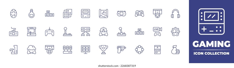 Gaming line icon collection. Editable stroke. Vector illustration. Containing egg, love potion, blocks, dices, game console, game map, gamepad, game controller, racing game, headset, arcade, joystick.